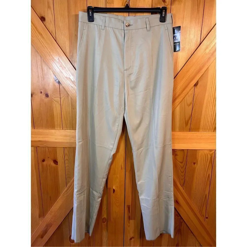 Russell Athletic Mens Dress Pants Size 34 beige Straight Leg Flat Front Unhemmed